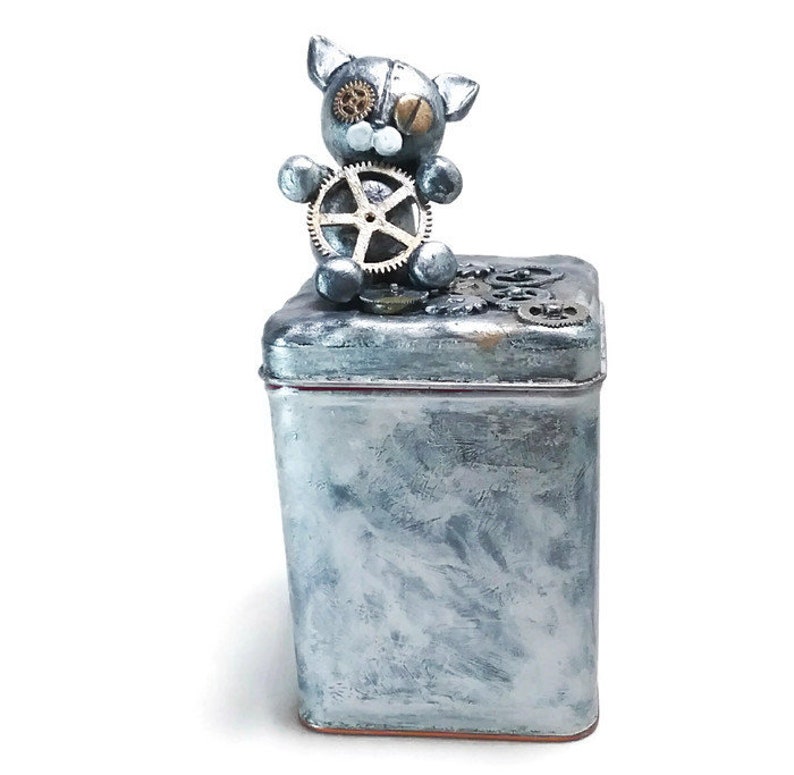 Steampunk Robo Cat Tea Tin Small Craft Storage Container Steampunk Box Tea Storage Container
