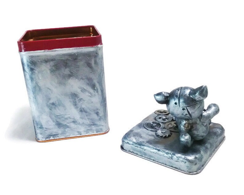 Steampunk Robo Cat Tea Tin Small Craft Storage Container Steampunk Box Tea Storage Container