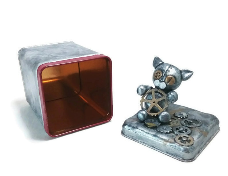 Steampunk Robo Cat Tea Tin Small Craft Storage Container Steampunk Box Tea Storage Container