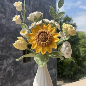 Crochet sunflower bouquet, lily of the valley, rose, mother&#39;s day gifts, birthday gift, anniversary gift, home decoration