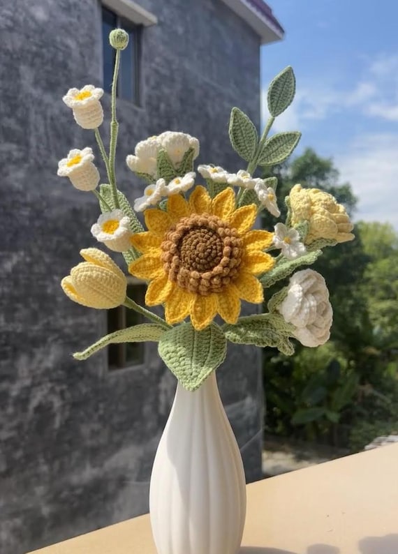 Crochet Sunflower Bouquet, Lily of the Valley, Rose, Mother's Day