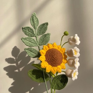 Crochet sunflower bouquet, lily of the valley, rose, mother&#39;s day gifts, birthday gift, anniversary gift, home decoration