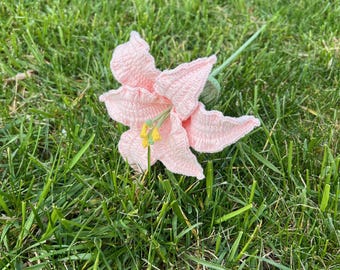 May include: A pink crocheted lily flower with yellow stamens, lying on a bed of green grass.