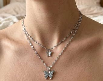 Sparkling Butterfly Double Layer Necklace Silver Tone Collar
