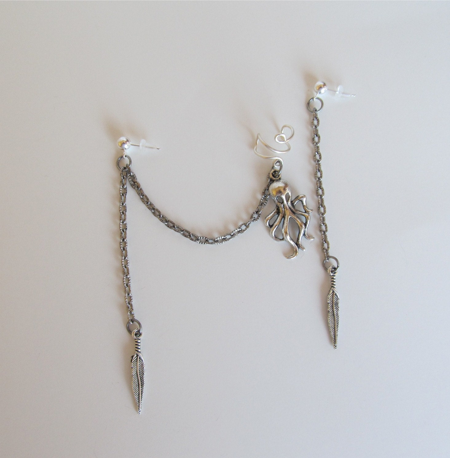 Chain Ear Cuff Cartilage Earring Silver Octopus and Feather Etsy