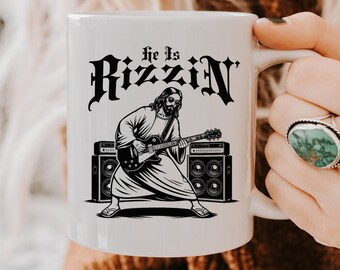 He Is Rizzin Jesus Coffee Mug, Funny Easter Ceramic Mug, Christian Humor Mug, Jesus Guitar Mug, Religious Funny Coffee Cup