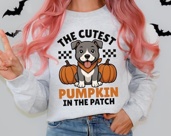 Pitbull Dog Pumpkin Crewneck Sweatshirt, Pit Bull Pumpkin Patch Sweater, Fall Pitbull Sweatshirt, Pitbull Mom Fall Gift, Cute Pitbull Top