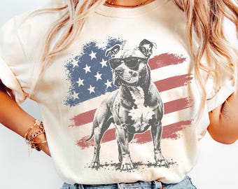 Pit Bull American Flag T-Shirt, Pitbull Patriotic Shirt Funny Dog Lover Tee, Pit Bull 4th of July Tshirt, Pittie Mom Dad Gift