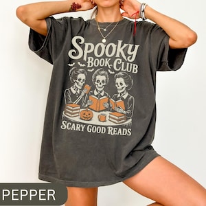 Spooky Book Club T-Shirt, Bookish Halloween Shirt, Vintage Book Tee, Book Lover Gift, Book Enthusiast Halloween Tee, Retro Skeleton Shirt Pepper