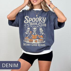 Spooky Book Club T-Shirt, Bookish Halloween Shirt, Vintage Book Tee, Book Lover Gift, Book Enthusiast Halloween Tee, Retro Skeleton Shirt Denim