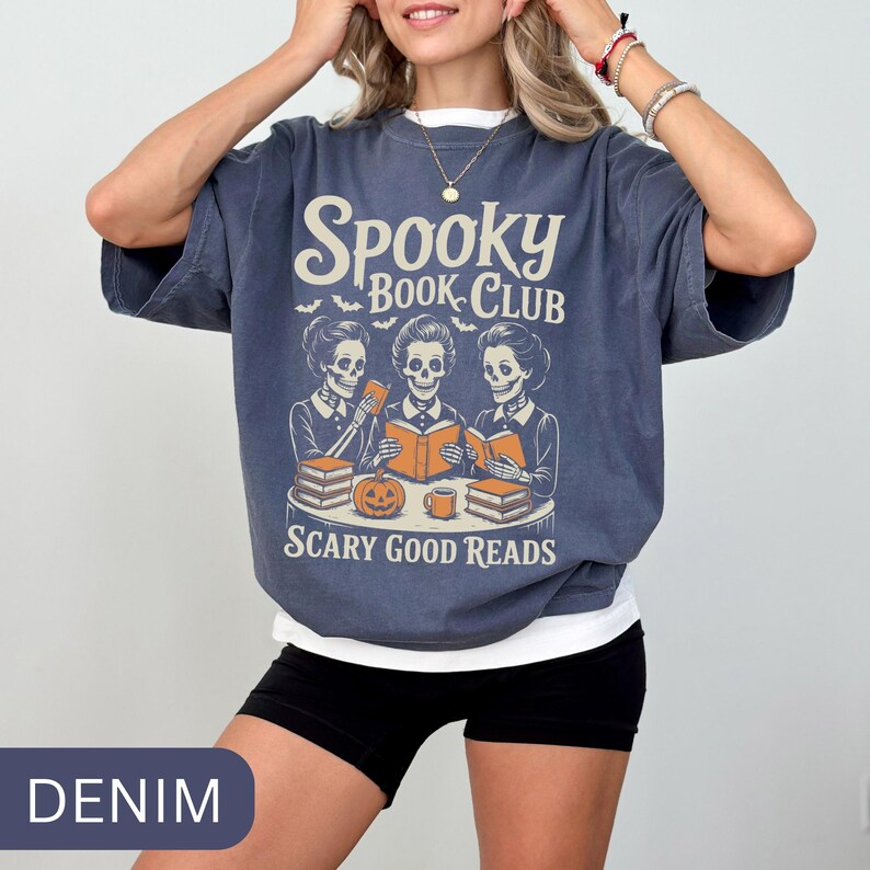 Spooky Book Club T-Shirt, Bookish Halloween Shirt, Vintage Book Tee, Book Lover Gift, Book Enthusiast Halloween Tee, Retro Skeleton Shirt Denim