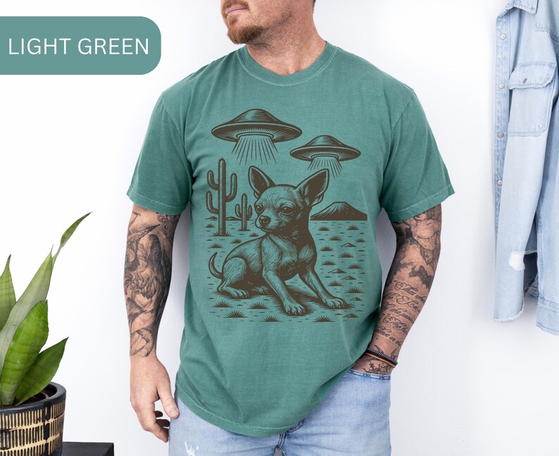 Vintage Chihuahua UFO T-Shirt, Chihuahua Cowboy Shirt, Chihuahua Western Tee, Retro Chihuahua Tee, Chihuahua Mom Dad Gift, Retro Sci-Fi Dog Light Green