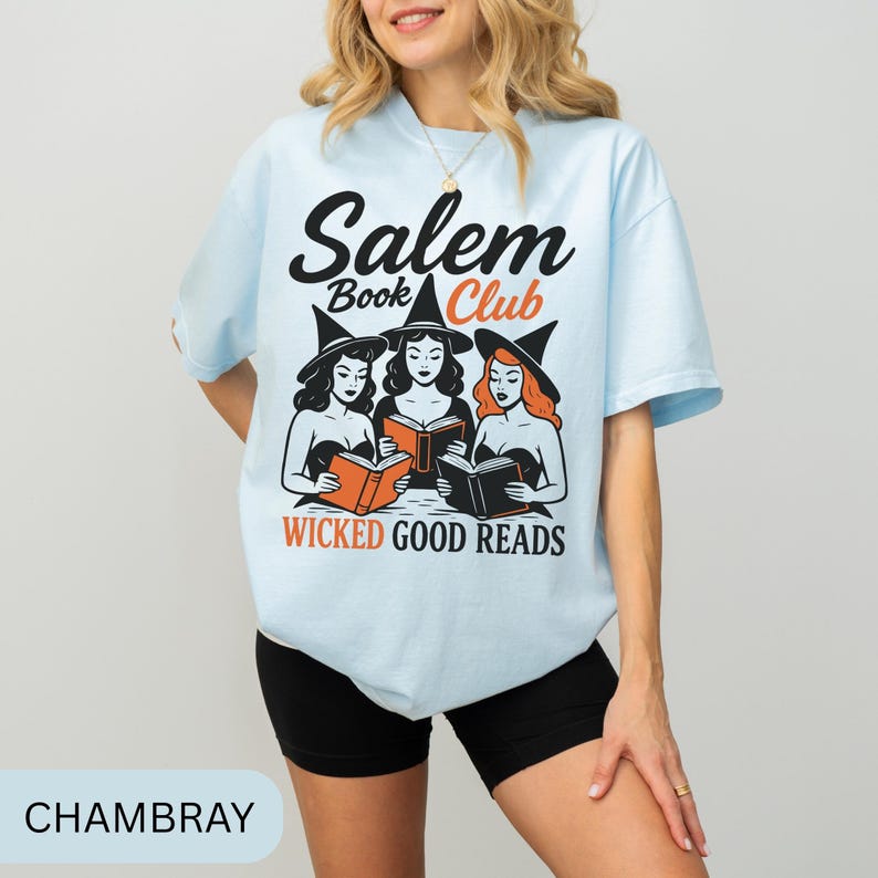 Halloween Book Club T-Shirt, Bookish Halloween Shirt, Witchy Book Tee, Literary Gift, Book Lover Halloween Top, Spooky Reading Shirt Chambray