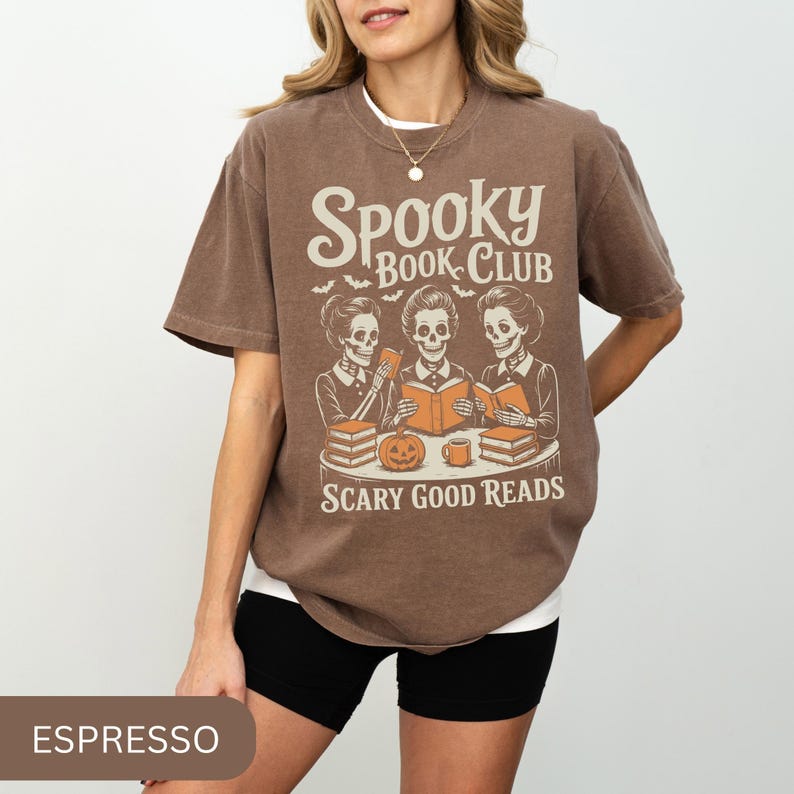 Spooky Book Club T-Shirt, Bookish Halloween Shirt, Vintage Book Tee, Book Lover Gift, Book Enthusiast Halloween Tee, Retro Skeleton Shirt Espresso
