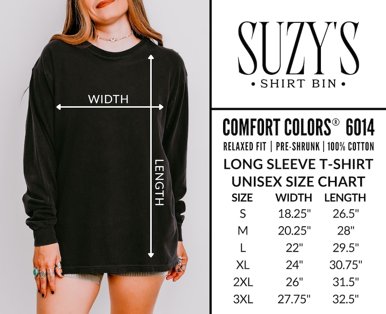 May include: Black long-sleeve t-shirt with a crew neck. The shirt has a unisex size chart with measurements in inches. The brand name "Suzy's Shirt Bin" is displayed. The shirt is made of 100% cotton and is pre-shrunk.