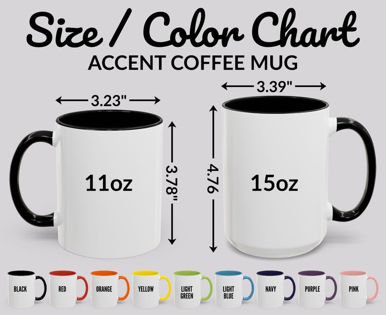 Pu&ograve; includere: Una tabella delle taglie e dei colori per le tazze da caff&egrave;. Il grafico mostra due tazze bianche con interni e manici neri, etichettate 11oz e 15oz. Le dimensioni sono fornite in pollici. La riga inferiore mostra tazze in vari colori.