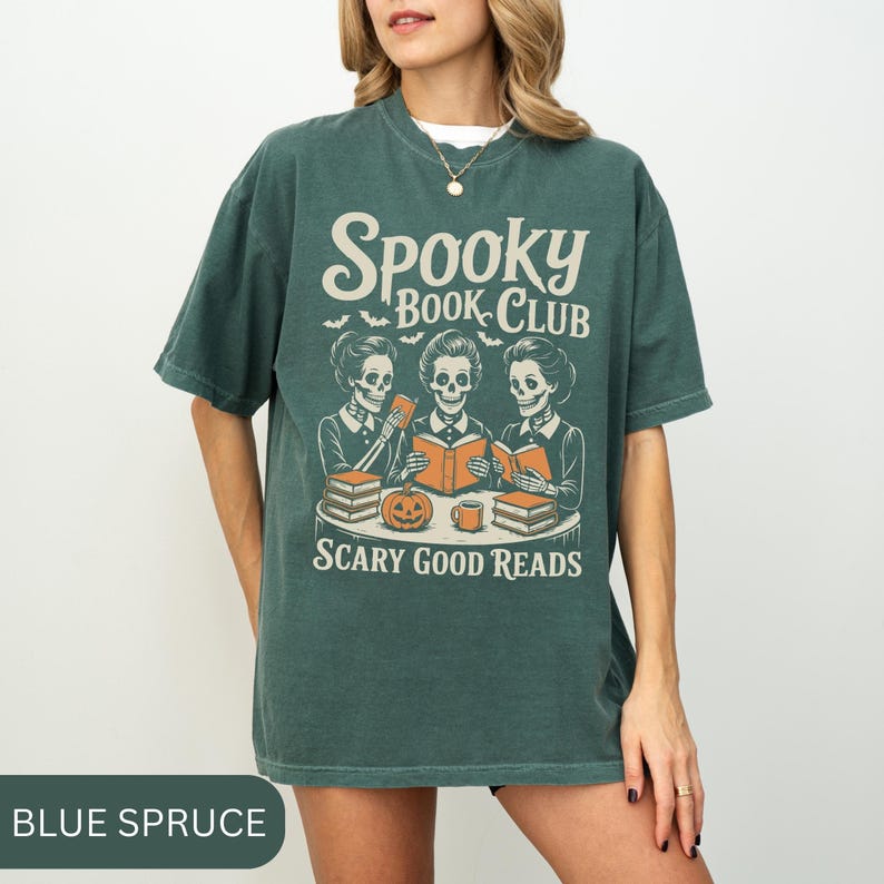 Spooky Book Club T-Shirt, Bookish Halloween Shirt, Vintage Book Tee, Book Lover Gift, Book Enthusiast Halloween Tee, Retro Skeleton Shirt Blue Spruce