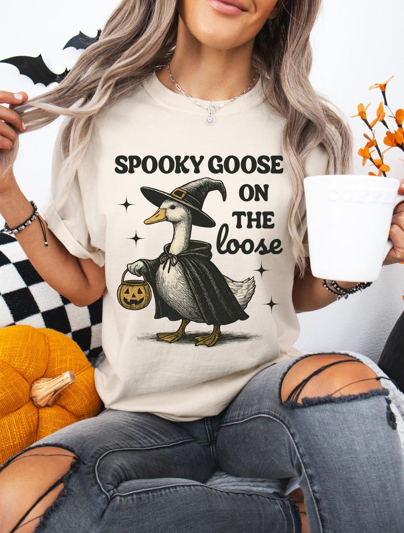 Spooky Goose Halloween T-Shirt, Halloween Witch Shirt, Retro Goose Halloween Tee, Funny Witch Costume Shirt, Animal Lovers Halloween Gift Ivory