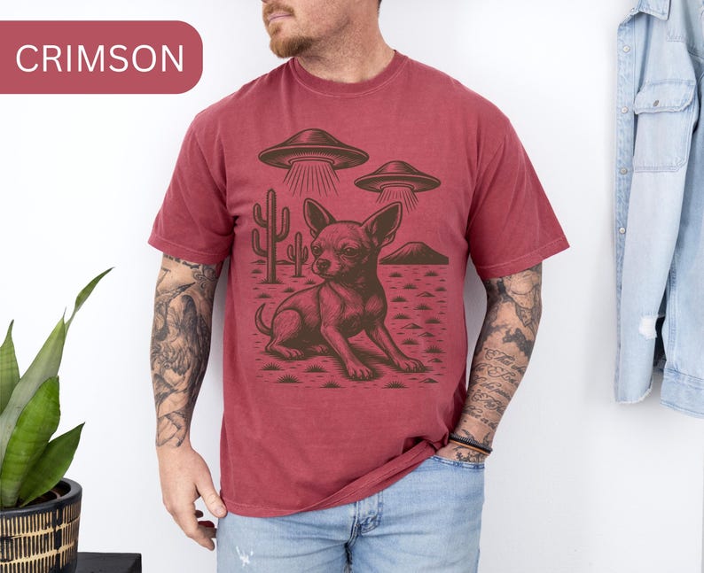 Vintage Chihuahua UFO T-Shirt, Chihuahua Cowboy Shirt, Chihuahua Western Tee, Retro Chihuahua Tee, Chihuahua Mom Dad Gift, Retro Sci-Fi Dog Crimson