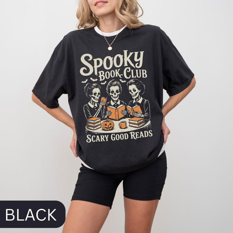 Spooky Book Club T-Shirt, Bookish Halloween Shirt, Vintage Book Tee, Book Lover Gift, Book Enthusiast Halloween Tee, Retro Skeleton Shirt Black