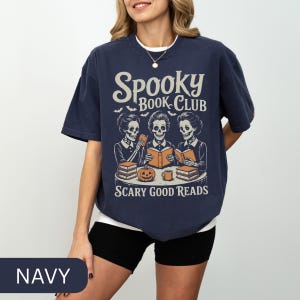 Spooky Book Club T-Shirt, Bookish Halloween Shirt, Vintage Book Tee, Book Lover Gift, Book Enthusiast Halloween Tee, Retro Skeleton Shirt Navy