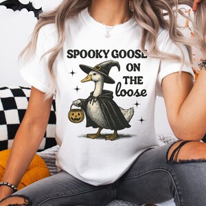 Spooky Goose Halloween T-Shirt, Halloween Witch Shirt, Retro Goose Halloween Tee, Funny Witch Costume Shirt, Animal Lovers Halloween Gift White