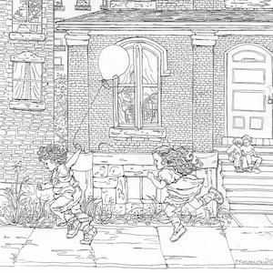 Könnte beinhalten: Schwarz-Weiß-Strichzeichnung eines Backsteingebäudes mit mehreren Fenstern. Zwei Kinder rennen auf einem Bürgersteig, eines hält einen Ballon. Eine Katze sitzt in einem Fenster. Weitere Kinder sind in den Fenstern und auf den Stufen zu sehen.