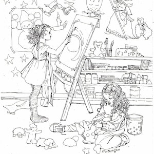 Könnte beinhalten: Eine Schwarzweißillustration von zwei Kindern, eines malt auf einer Leinwand und das andere spielt mit einem Stofftier. Die Illustration spielt in einem Raum mit Regalen und anderen Spielsachen.