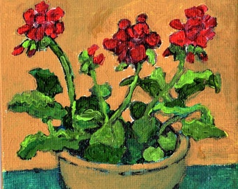 Géraniums ATC ACEO dans un bol, reproduction d'impression de ma peinture acrylique originale, fleurs rouges, mini impression florale signée à la main, art miniature