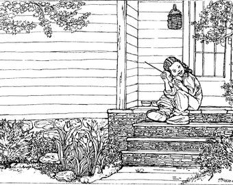 Instant COLORING PAGE to download and print - nostalgic childhood - detailed pen drawing to color - little girl sitting outdoors - my home