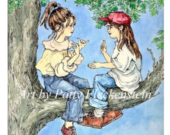 Amigos sordos Lengua de señas, ELA, Acuarela ORIGINAL o IMPRESA, niños jugando al aire libre