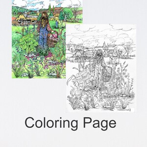 Bauernhof Landschaft zum downloaden und ausdrucken - detaillierte Landzeichnung zum Ausmalen für Erwachsene, Jugendliche, Kinder - Sofort Kunstdruck