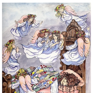 ORIGINAL ART Kleines Mädchen im Schlaf, Engel, Feder/Tinte und Aquarell Original, wunderliche Kinderzimmer Dekor, Wandkunst, 17 "X13", Patty Fleckenstein