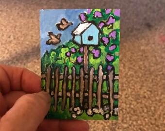 ACEO ORIGINAL PAINTING, birdhouse lilacs birds , miniature art, Artists' Trading Card, handpainted acrylic art by artist Patty Fleckenstein