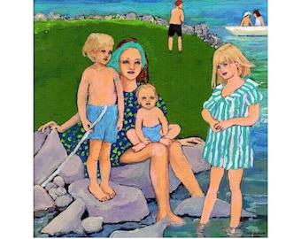 Verano en el lago, retrato familiar, impresión giclée de pintura acrílica, arte pictórico figurativo, mamá e hijos en la orilla rocosa, arte mural de playa