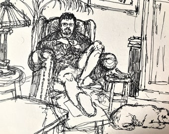 Pen Drawing ART PRINT,Man at home with his dog,domestic interior scene,Handsigned,Portrait,Pen and Ink Sketch by Patty Fleckenstein