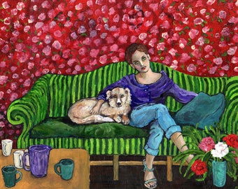 Colorful Woman and Dog Giclee Print , interior domestic scene, bright wall art, dog lovers gift, acrylic painting art print room decor