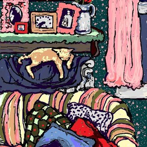 Könnte beinhalten: Abstrakte Illustration eines gemütlichen Interieurs. Eine hellbraune Katze ruht auf einer blauen Decke auf einem gestreiften Sofa, das mit gemusterten Kissen gefüllt ist. Ein Regal darüber beherbergt gerahmte Bilder und eine Vase mit roten Blumen.