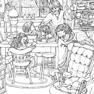 Könnte beinhalten: Schwarz-Weiß-Illustration einer Küchenszene mit einer Familie am Tisch. Eine Frau steht am Tisch, ein Mann sitzt in einem Schaukelstuhl mit einer Katze. Die Küche hat ein Fenster, Schränke und verschiedene Küchenutensilien.