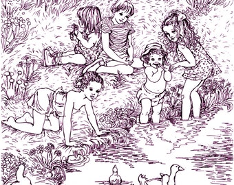 Coloring Page Of Childhood Memories Realistic Pen Drawing To