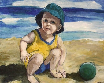 Seascape Art Print,child at the beach,lake,sandy beach,Print of my original acrylic painting, Little Boy portrait, seascape,summer,beach