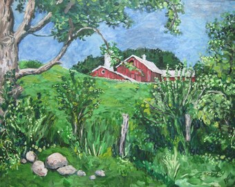 Landscape Painting ART PRINT,Countryscape,red barn,pastoral rural wall art,handsigned,print of my original acrylic summer in the country