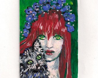 ACEO Green-eyed girl and tabby cat,miniature artwork,Artists Trading Card,cat art,portrait,handsigned art,print of mini acrylic painting