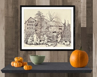 Fall Harvest  Pen and Ink drawing print, farmhouse, old barn, country rural scene,  people at farmers market, autumn, handsigned wall art