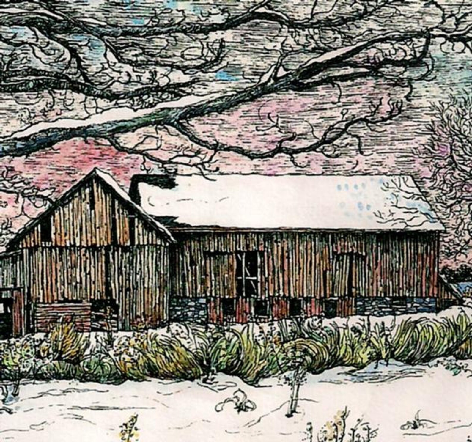 Watercolor and Pen&Ink Winter Barn ART PRINT Landscape Old Etsy