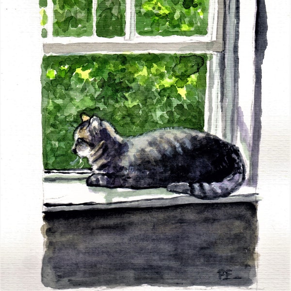 Cat Art Giclee Print from my original watercolor,grey tabby cat asleep on the windowsill sunny interior handsigned,cat lovers gift wall art