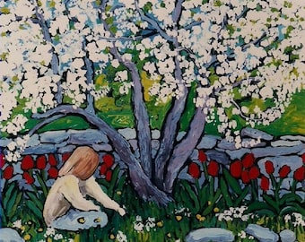 Floral nature Art Print, Tulips, Flowering tree, giclee print from my original painting, girl and flowers, springtime, room decor, wall art