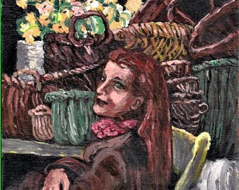 Giclee Art Print,"Basket Lady", acrylic painting, redhead woman,flea market, flowers, baskets, wall art, woman portrait, Patty Fleckenstein