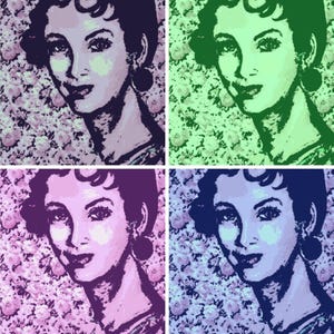 Könnte beinhalten: Pop-Art-Stil-Bild eines Frauengesichts in vier Quadranten. Jeder Quadrant weist ein anderes Farbschema auf: Lila, Grün, Rosa und Blau. Der Hintergrund ist ein Blumenmuster in Weiß- und Rosatönen.