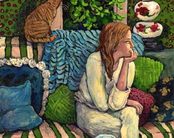 Original Acrylic Painting, Interior Domestic Scene, Young Woman, Colorful Painterly Art